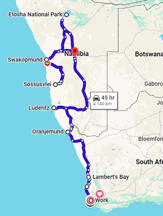 Route map of a Namibia tour via Lambert's Bay, Luderitz, Sossusvlei, Swakopmund and Etosha